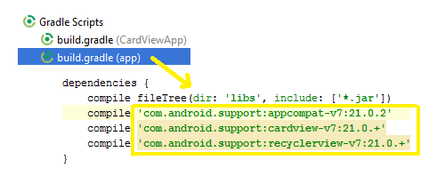 Android RecyclerView and CardView widgets tutorial bulid.gradle dependencies Android RecyclerView and CardView widgets tutorial bulid.gradle dependencies