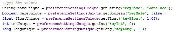 Android SharedPreferences get<type> methods SharedPreferences get<type> methods